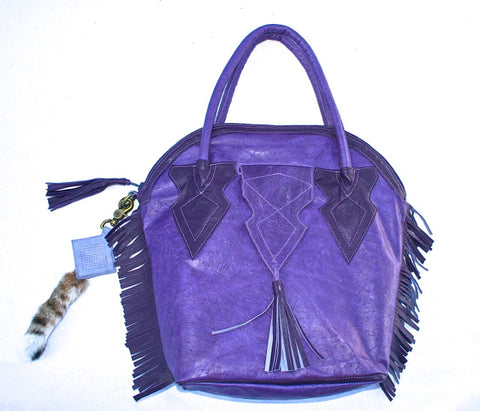 Hot Purple Textured Leather Fringed Handbag