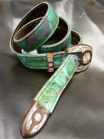 Leaf-Print Leather 1.25" Belt with "one-of-a-kind" Western 3-piece Buckle Set